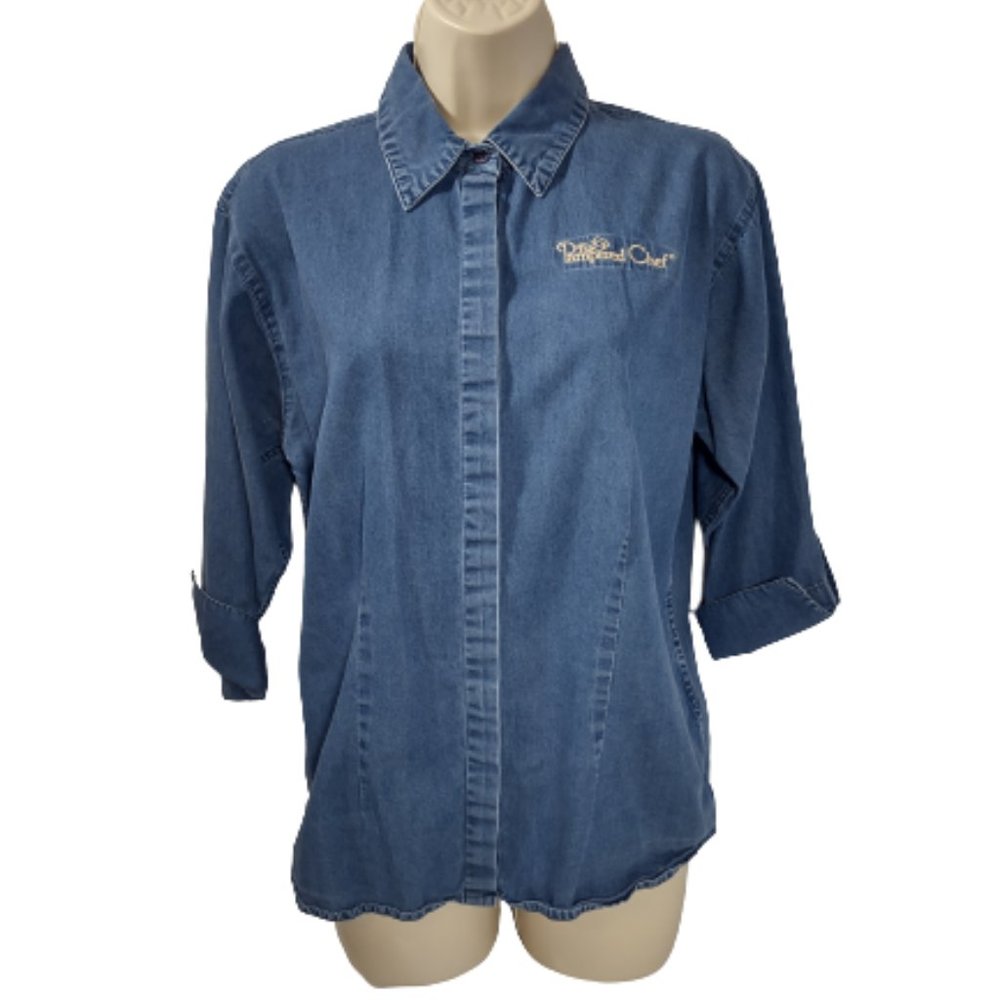The Pampered Chef Denim Button Up Shirt Women's Medium 3/4 Sleeve Consultant